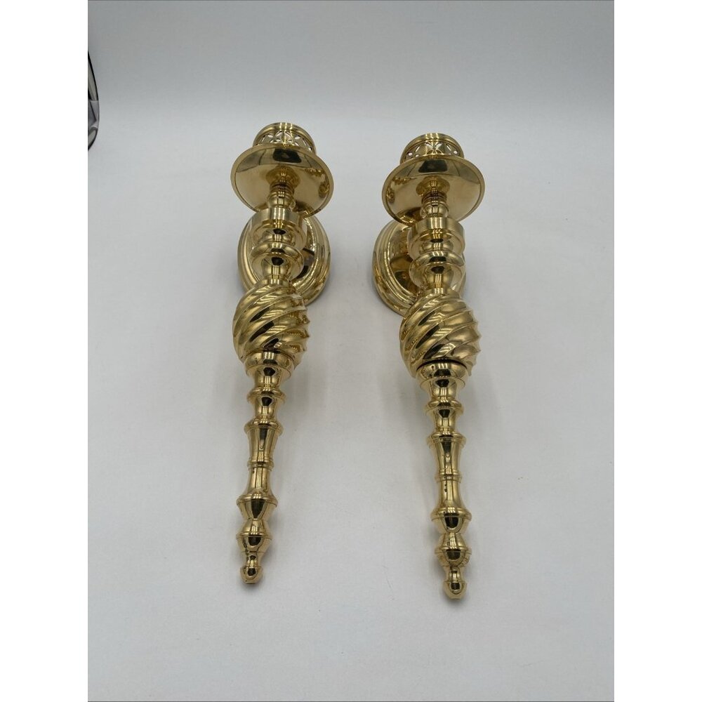Vintage Solid Brass Wall Sconce Candle Holder Set 2 Large 14" Long Spindle Gold